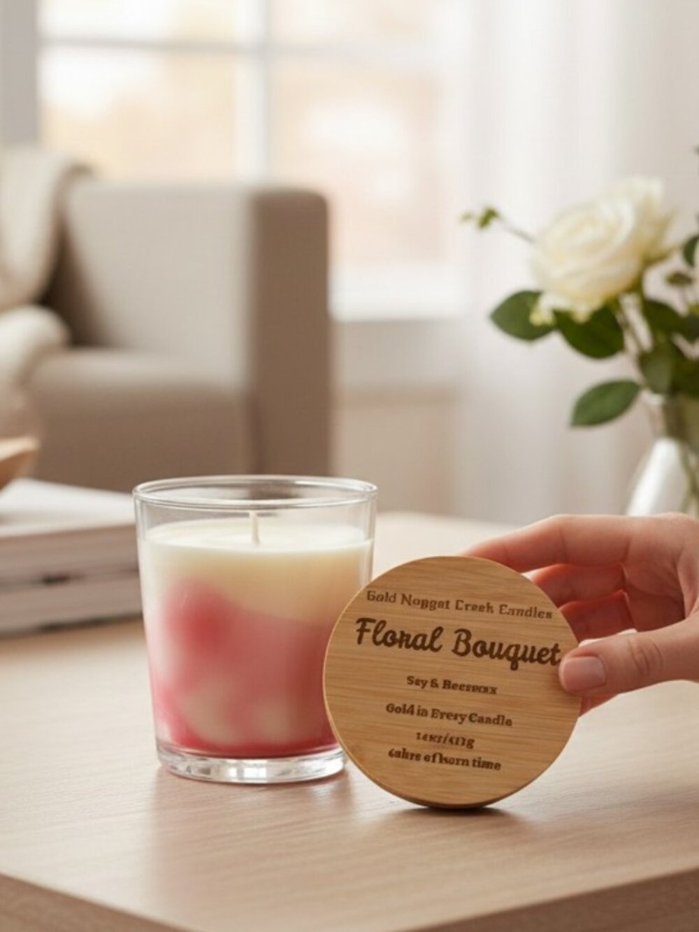 Floral Bouguet is a velvety, creamy scent, long burn time guaranteed gold inside